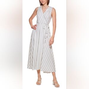 Calvin Klein Striped Wrap Dress, Gray & White, Size 12